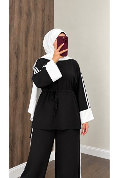 onlymoon Women's Hijab Striped Waist-Tie 2-Thread Top and Bottom Tracksuit Set |   Comfortable Suit for Daily Use |   Striped Detailed Top and Bottom Sport Set |   Modern and Comfortable Hijab Clothing Set Model
