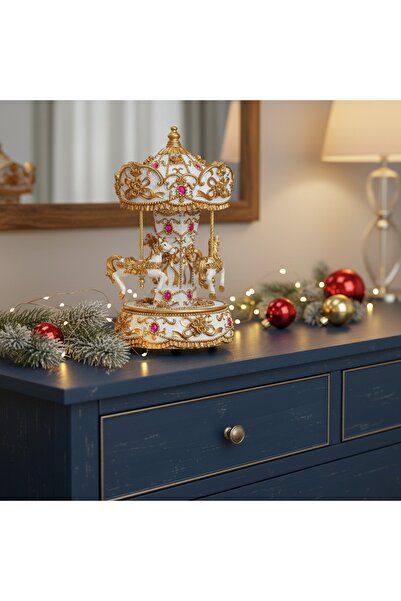 Ornament24 Carusel decorativ de Craciun muzical si rotativ cu cai, ornament f...