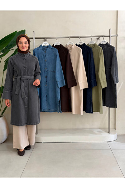 Magazin معطف طويل بأزرار وحزام رمادي 7591
