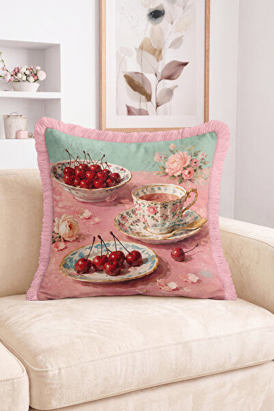 Realhomes Vintage Romantic Cherry, Teacup and Rose Pattern Throw Pillow Cover...