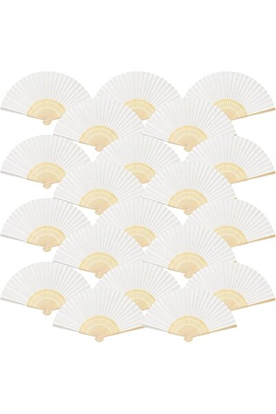 FEPITO 20 Pieces White Handheld Paper Fan Paper Folding Fans with Bamboos for...