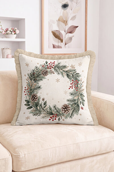 Realhomes Winter Pine Branch, Pine Cone and Red Fruit Wreath Patterned Fringe...