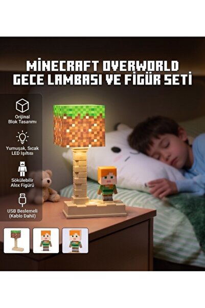 lstri Minecraft LED Gece Lambası Çocuklar ve Oyuncular İçin Masa Lambası | 5 Aydınlatma Modlu Şarj Edilebilir LED Oyun Gece Minecraft Blok Gece Lambası -LED Lamba Işığı
