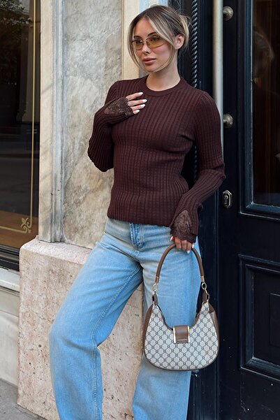 Swist Brown Lace Detail at the Sleeve Cuff Ribbed Openwork Women's Knitwear S...