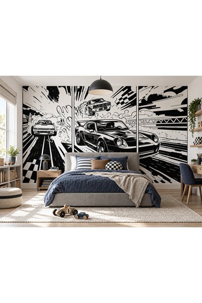 Marsela Design Siyah Beyaz Yarış Arabaları Çocuk Odası Duvar Kağıdı - Erkek G...