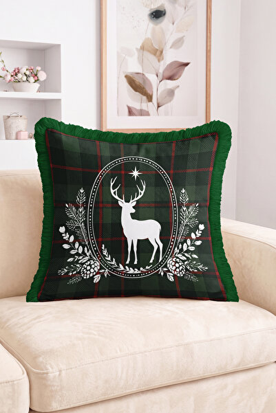 Realhomes White Deer Figured Green Red Plaid and Pine Cone Fringed-Tasseled T...