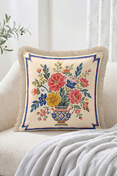 Realhomes Vintage Floral Vase Patterned Fringed-Tasseled Throw Pillow Cover