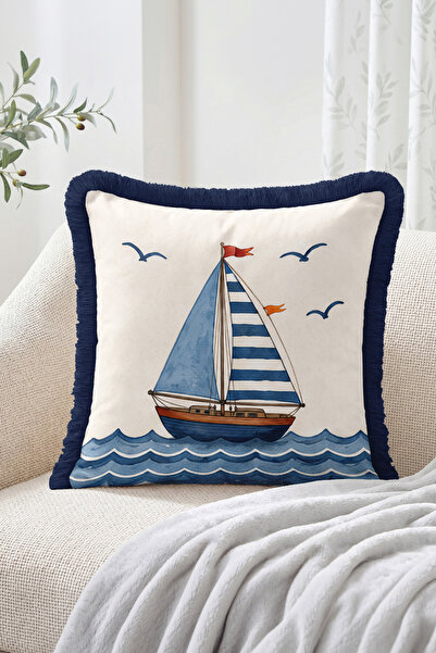 Realhomes Sailor Themed Sailboat, Seagull and Wave Pattern Decorative Throw P...