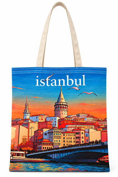 TRENDHİLL Sunset Galata Tower Pattern Printed Cotton Cloth Bag 35X40Cm -Bc6