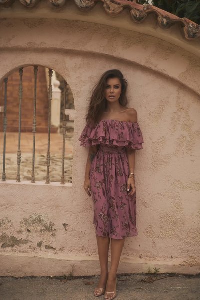 LOU Lavinia - Rochie midi în roz prăfuit cu imprimeuri florale XL