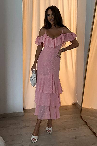 LOU Lucette - Rochie maxi roz cu decolteu spaniol S