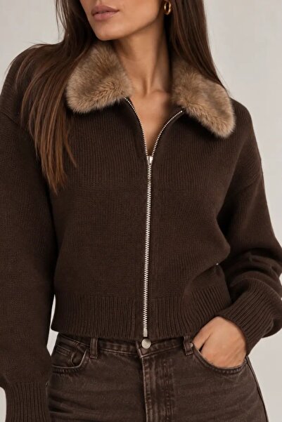 Cool & Sexy Premium Fur Collar Detailed Zippered Knitwear Cardigan