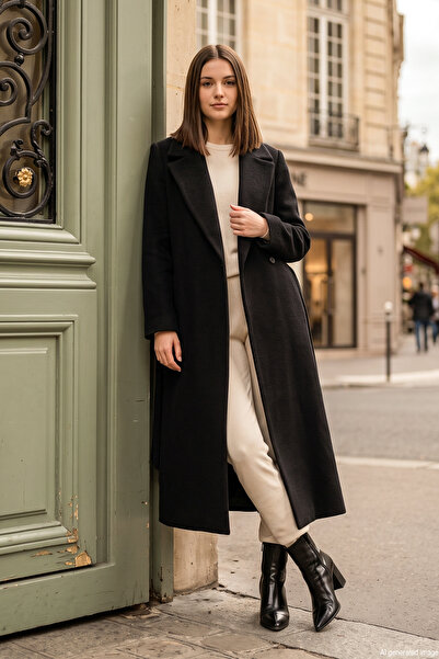 Lale Butik Belt Detailed Coat 14334 Black