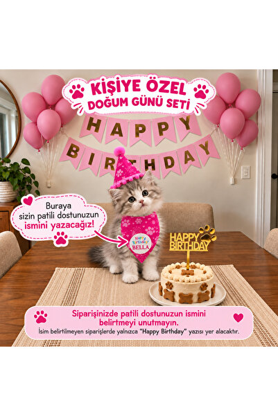 Kişiye Özel Evcil Hayvan (Kedi) Doğum Günü Parti Seti – Pembe