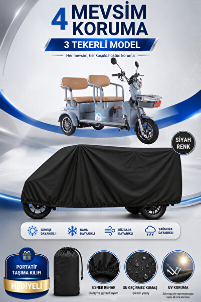 Motobros ARORA FELIX NEW Uyumlu 3 Tekerlekli Elektrikli Araç Brandası Siyah Su Geçirmez UV Korumalı 4 Mevsim Motosiklet Branda