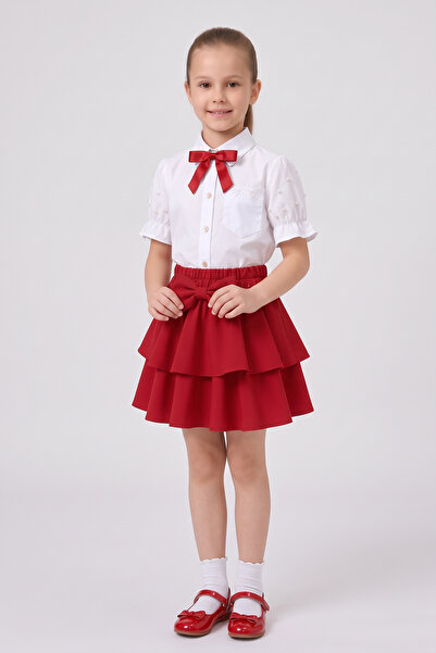 nacar çarşı Girl's Red Ribbon Short Sleeve Pearl Detailed Sleeve Ruffle Pocke...