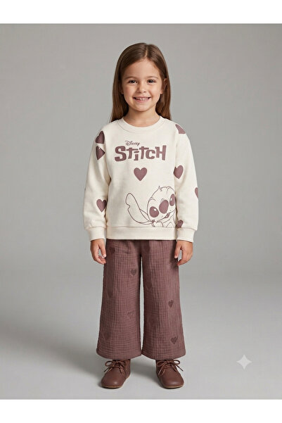 Uğur bebe Girl's stitch 100% cotton tracksuit set - ecru sweatshirt with wide...