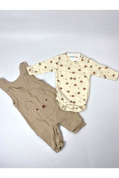 MAXİRA Happy Bear Ayıcık Desenli 3’lü Bebek Takımı – Salopet Tulum, Uzun Kollu Body ve Çorap
