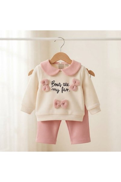 Erca Home Tekstil Ürünleri 100% Cotton 3-Ply 2-Piece Cotton Fleece Inner Knitted Set with Bow for Girls Pink 12 Months, 18 Months, 2Y Girls