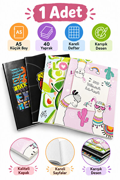 GÜZELYÜZ AVM 1 Adet A5 Küçük Boy 40 Yaprak Kareli Defter - Karışık Desen Gönd...