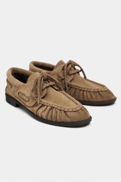 NİŞANTAŞI SHOES Katy Rome Bej Hakiki Süet Deri Saraç Büzgü Detay Marin Kadın Loafer