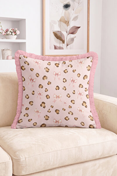 Realhomes Leopard Patterned Pink Bow Fringed-Tasseled Throw Pillow Cover