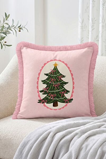 Realhomes Vintage Christmas Pine Tree and Ribbon Pattern Fringed-Tasseled Thr...