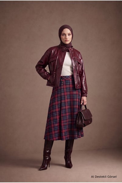 Avenna High waist plaid patterned long skirt 92 cm length burgundy 26kt112