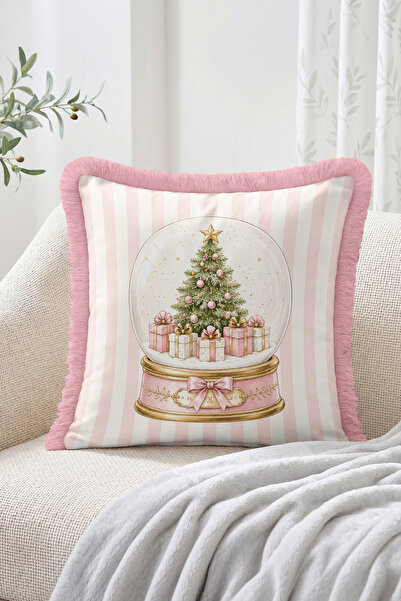 Realhomes Christmas Snow Globe, Pine Tree and Gift Box Pink Striped Fringed-T...