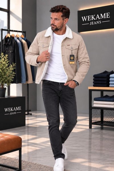 WKM Erkek Casual Regular Fit İçi Kürklü Kot Ceket