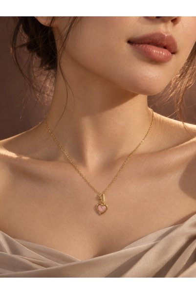Beatis Pink Stone Heart Pendant Gold Color Thin Chain Minimal Women's Necklace