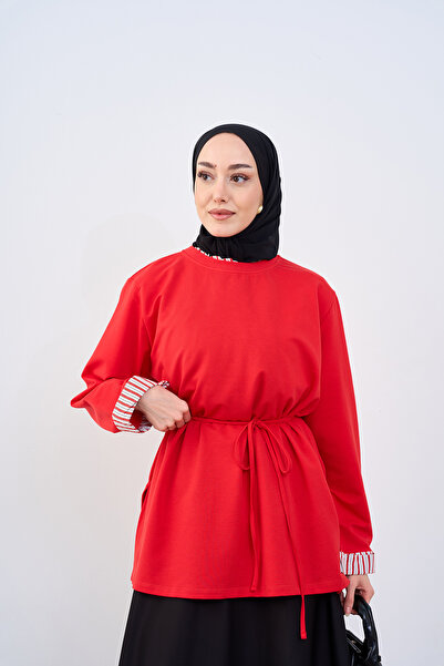LOCCO Kadın Yaka Ve Kolları Çizgi Garnili Bel Bağlamalı Sweatshirt Kırmızı