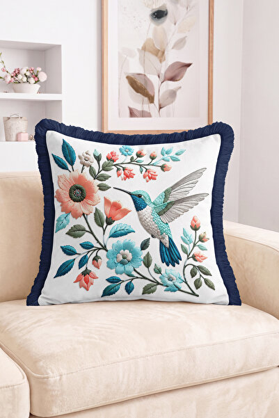 Realhomes Hummingbird and Floral Pattern Fringed-Tasseled Throw Pillow Cover