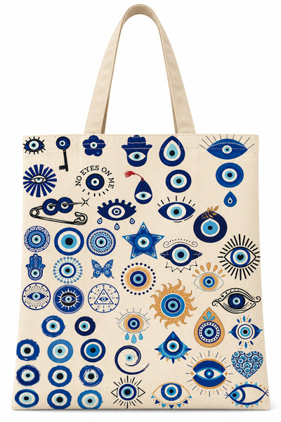 TRENDHİLL Various Evil Eye Beads Pattern Printed Cotton Cloth Bag 35X40Cm -Bc12