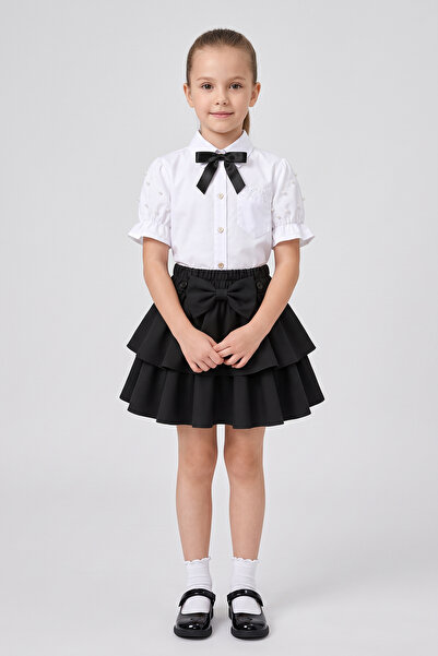 nacar çarşı Girl's Black Ribbon Short Sleeve Pearl Detailed Sleeve Ruffle Poc...
