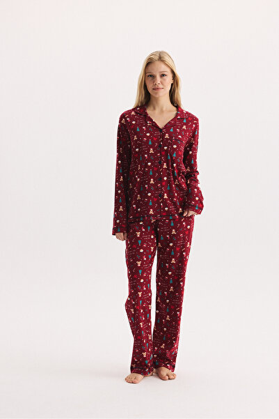 Etoile 100% Cotton Fabric Long Sleeve Front Buttoned Shirt Collar Pajama Set ...