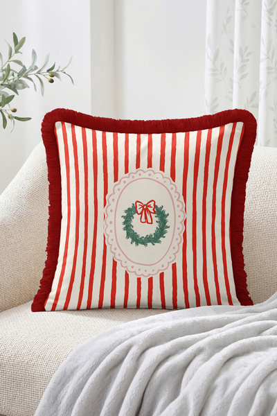 Realhomes Red Striped Fringed-Tasseled Throw Pillow Cover with Wreath and Bow...