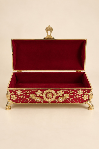 RASHA COLLECTION Gold Detailed Flower Embroidered Jewelry Box Large Size Red