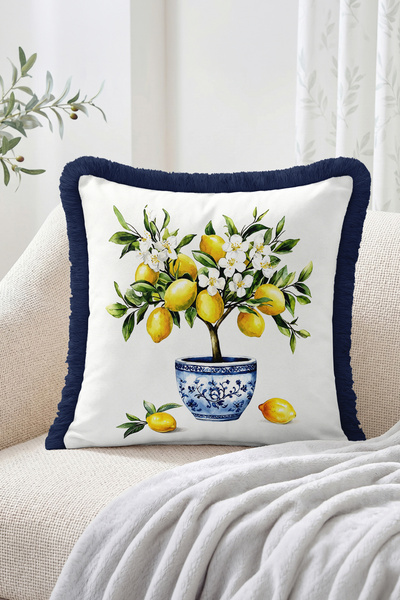Realhomes Lemon Tree and Blue Chinese Motif Flowerpot Patterned Fringed-Tasse...