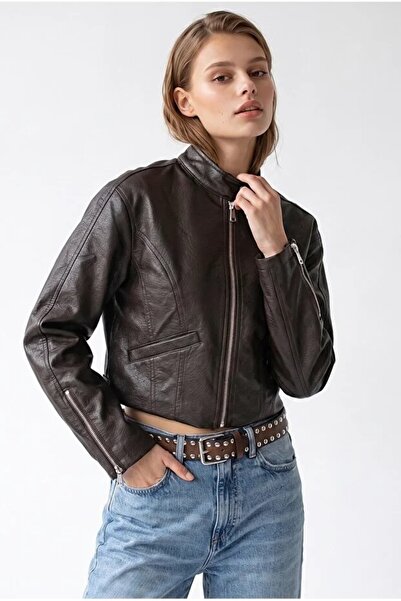 Orions Collection Kadın Crop Dik Yaka Fermuarlı Acı Kahverengi Deri Ceket