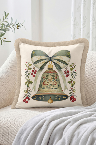 Realhomes Vintage Bell and Bow Motif Red Fruit Fringed-Tasseled Throw Pillow ...