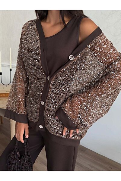 Elaxi Women's Sequined Cardigan Detailed Modal; Three-Piece Set