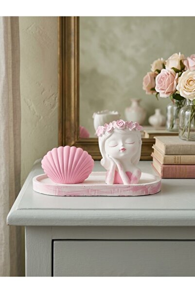 Lonca Home LONCAHOME Dekoratif Kız Büst Figürlü Saksı Ve Deniz Kabuğu Objeli Mermer Desen Oval Sunum Tepsisi Seti - Pembe / Beyaz