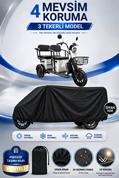 Motobros VOLTA APM5 Uyumlu 3 Tekerlekli Elektrikli Araç Brandası Siyah Su Geçirmez UV Korumalı 4 Mevsim Motosiklet Branda