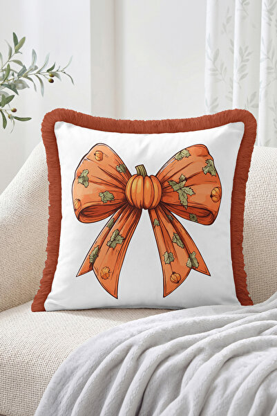 Realhomes Pumpkin Bow Patterned Fringed-Tasseled Throw Pillow Cover