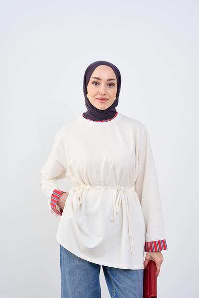 LOCCO Kadın Yaka Ve Kolları Çizgi Garnili Bel Bağlamalı Sweatshirt Ekru