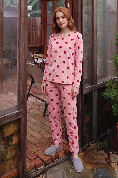 Fulla Moda Kalp Desenli Bisiklet Yaka Süet Pijama Takımı
