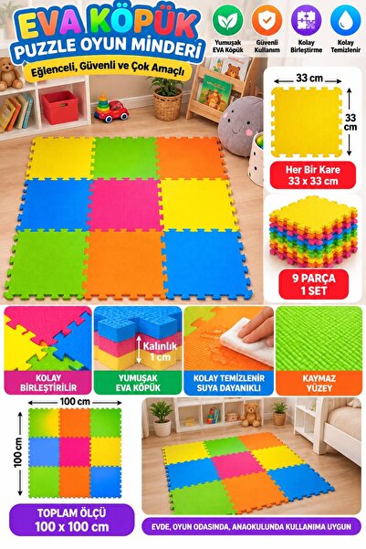 BYCEGU 9 Parça Düz Renk EVA Köpük Puzzle Oyun Matı – 33x33 cm Birleştirilebil...