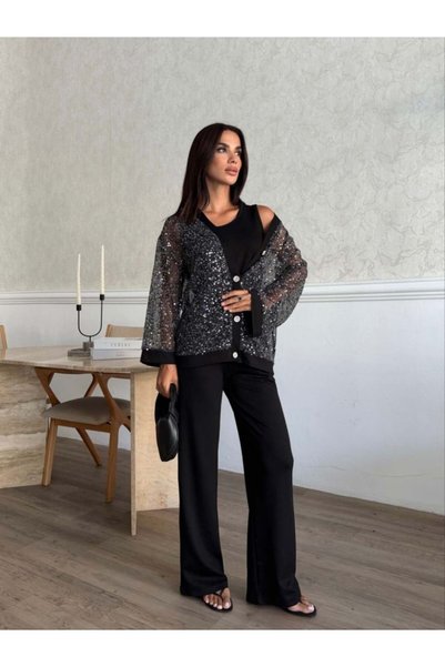 Elaxi Cardigan de damă cu paiete și detalii din modal; Set din trei piese