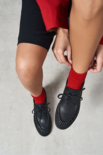 NİŞANTAŞI SHOES Katy Siyah Hakiki Mat Deri Saraç Büzgü Detay Marin Kadın Loafer